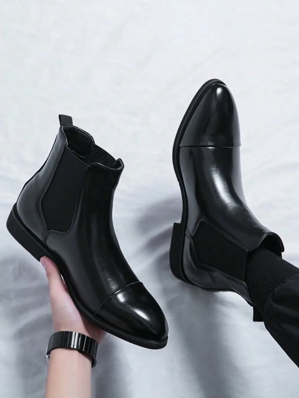 Black Casual Men's Round Toe Mid-Calf Handmade Work Style Loafers Shoes